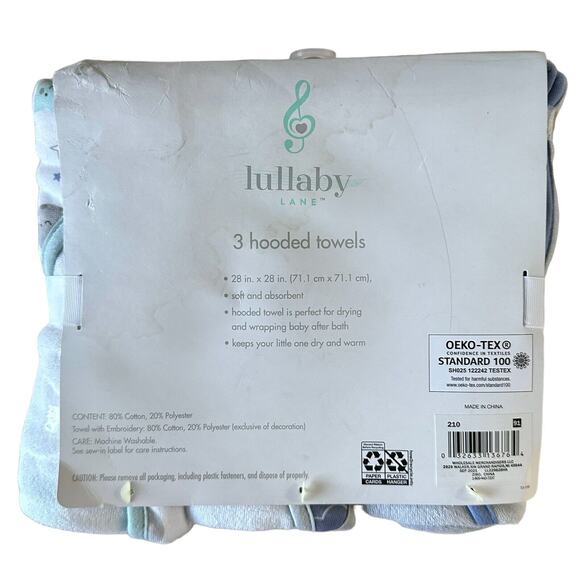 Set of 3 Lullaby Lane 28"x28" Hooded Towels - Soft & Absorbent - Blue & Gray - Picture 2 of 2